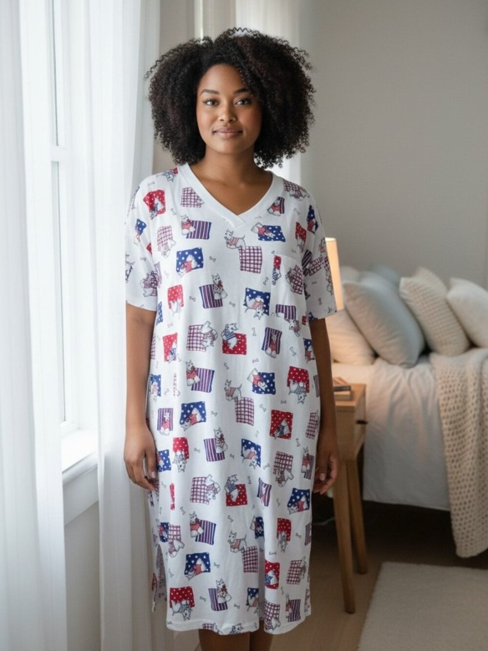 VTG NWT BASIC EDITIONS (OSFA) Red White and Blue Lounge/Sleep V Neck Dress